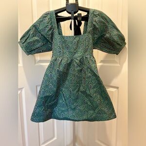Free People Teal Puff Sleeve Mini Dress with Paisley Jacquard